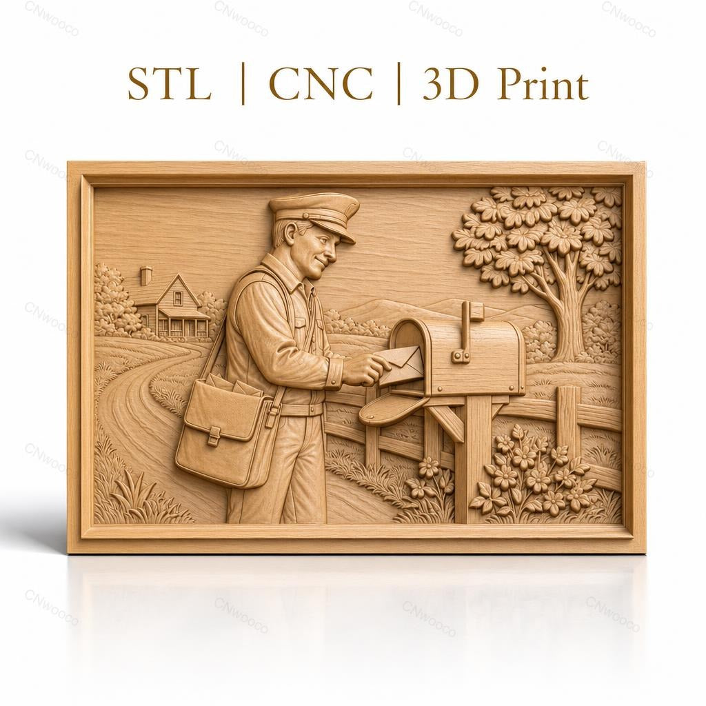 Fichier CNC & impression 3D facteur, boîte aux lettres, paysage campagne, haute qualité relief STL
