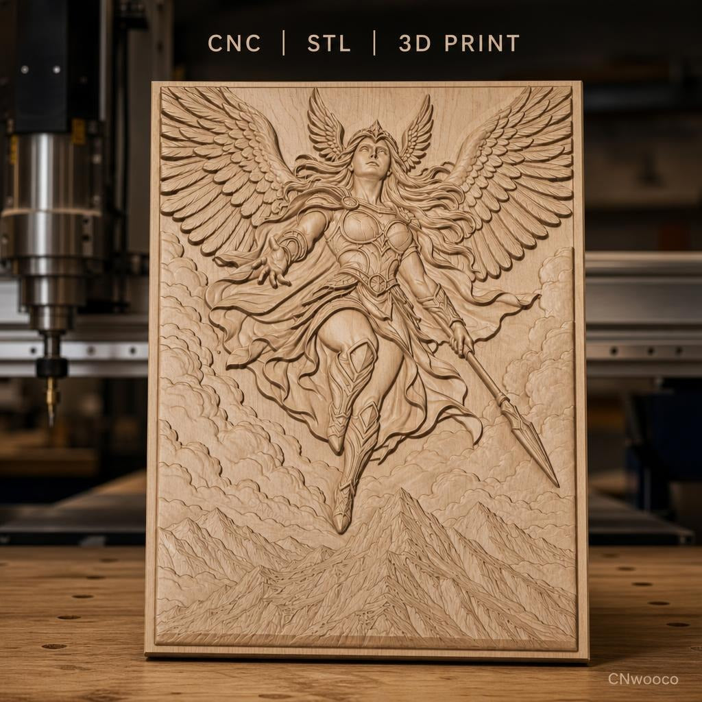 Fichier CNC & impression 3D Valkyrie guerrière ailée, montagnes et nuages, haute qualité relief STL