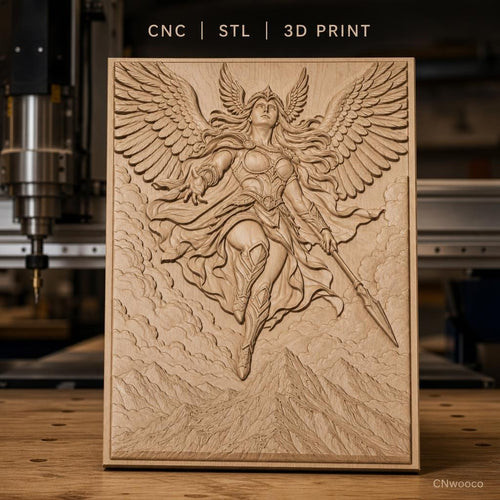 Fichier CNC & impression 3D Valkyrie guerrière ailée, montagnes et nuages, haute qualité relief STL