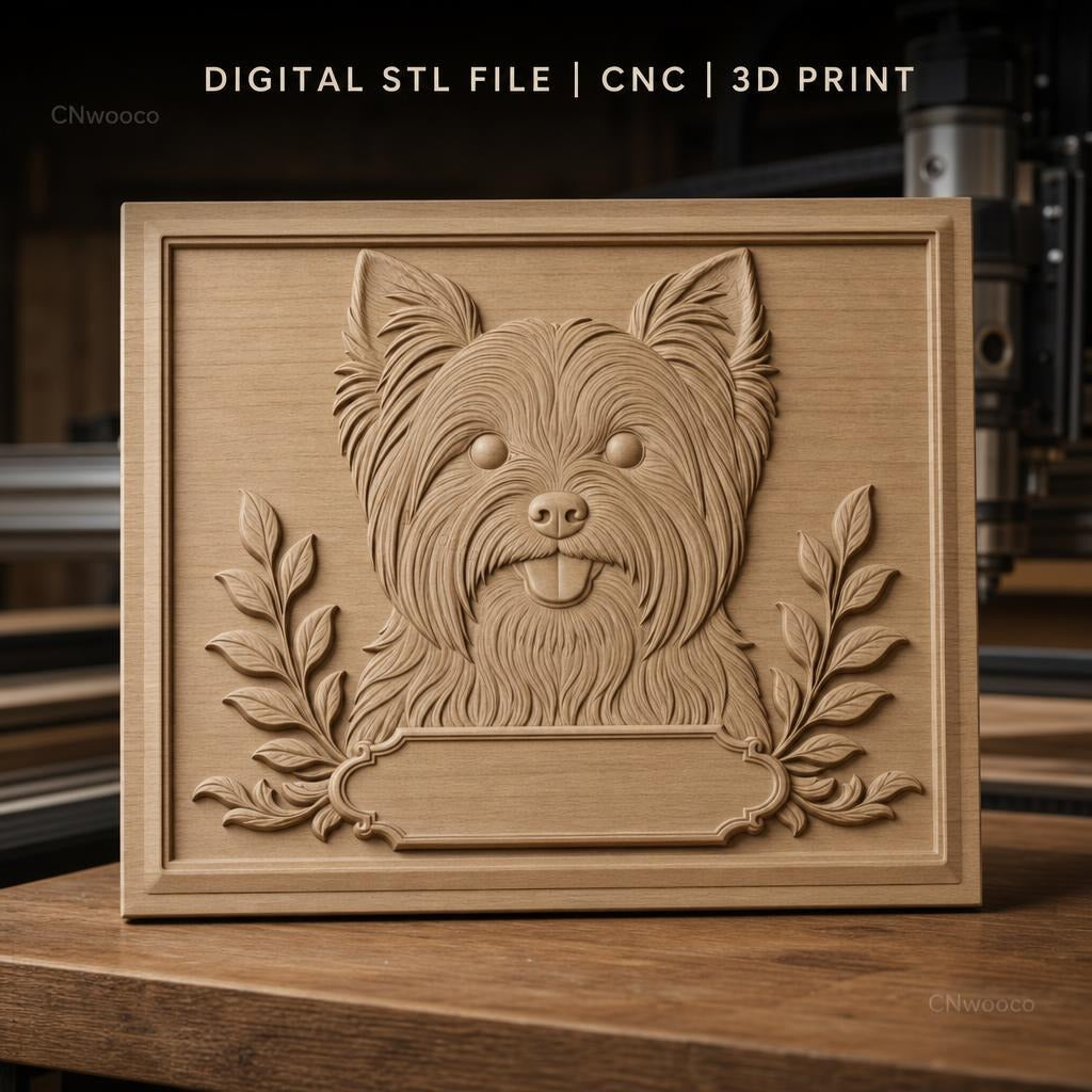 Fichier CNC & impression 3D chien Yorkshire terrier, branches décoratives, haute qualité relief STL