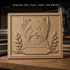 Fichier CNC & impression 3D chien Yorkshire terrier, branches décoratives, haute qualité relief STL