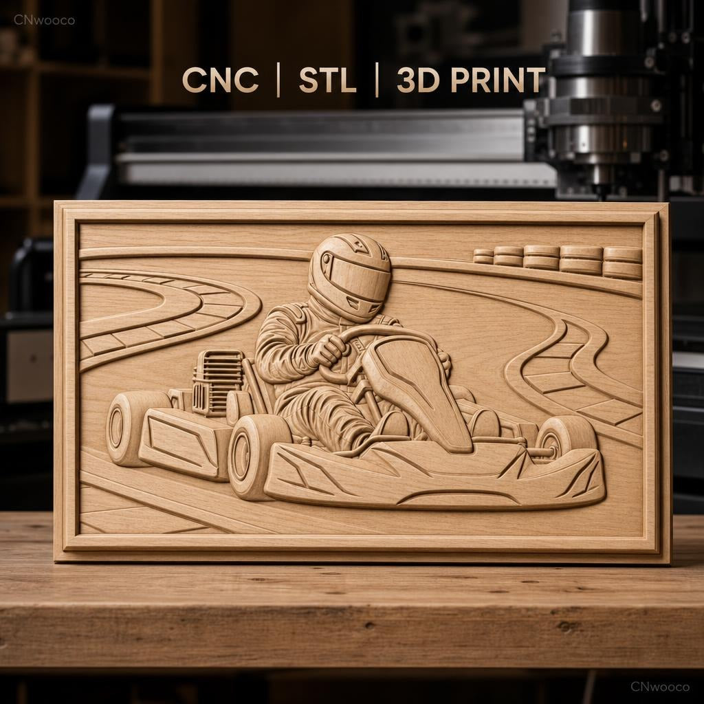 Fichier CNC & impression 3D karting, pilote en course sur circuit, haute qualité relief STL