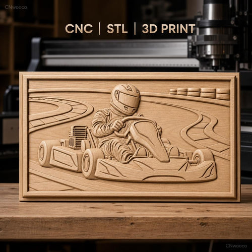 Fichier CNC & impression 3D karting, pilote en course sur circuit, haute qualité relief STL