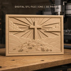 Fichier CNC & impression 3D croix chrétienne, colline, rayons de lumière, ciel en relief, haute qualité relief STL
