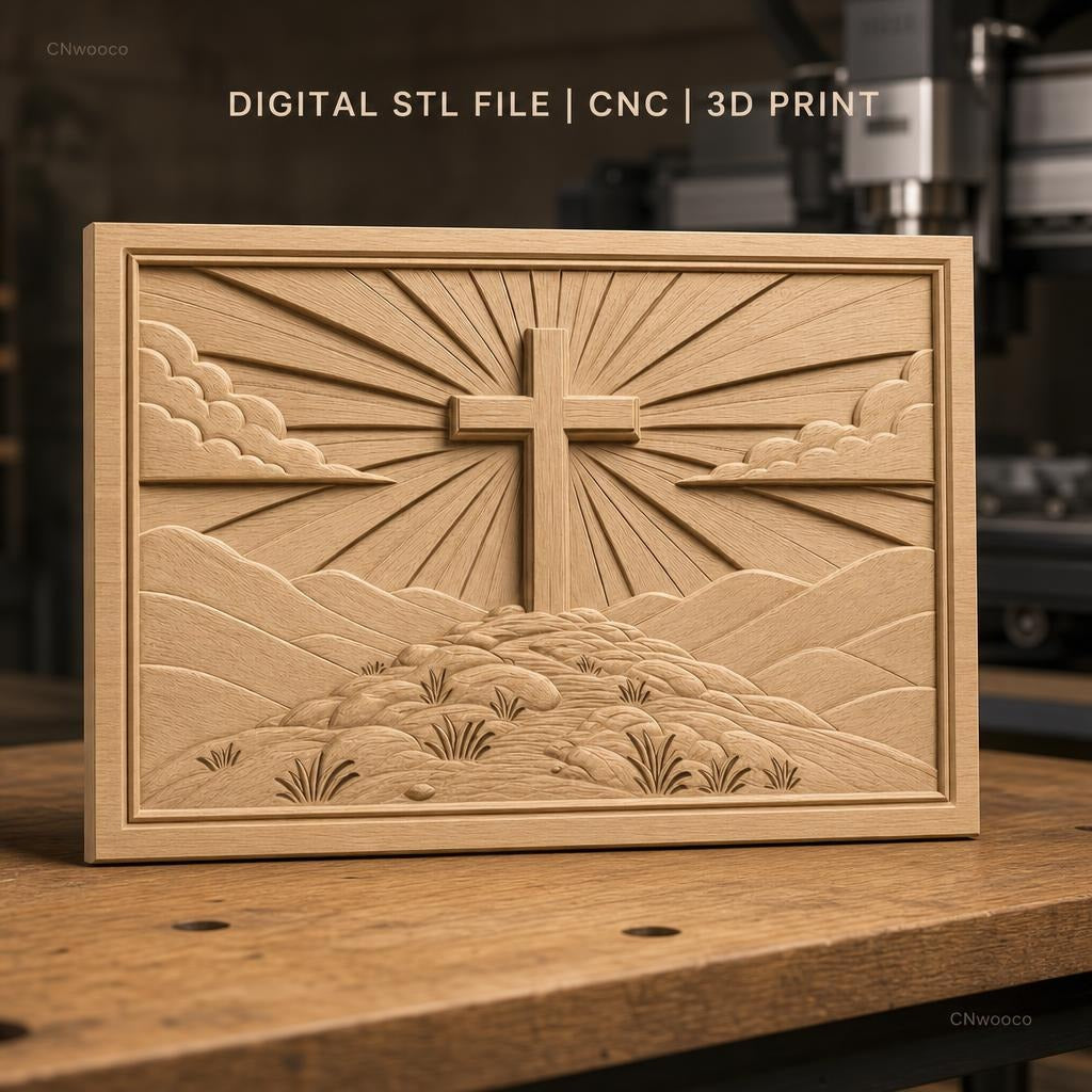 Fichier CNC & impression 3D croix chrétienne, colline, rayons de lumière, ciel en relief, haute qualité relief STL
