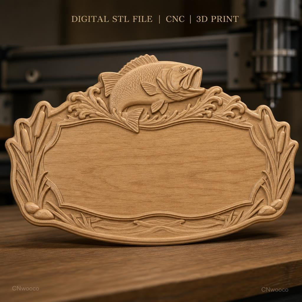 Fichier CNC & impression 3D enseigne pêche avec poisson et roseaux, STL très haute qualité