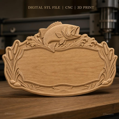 Fichier CNC & impression 3D enseigne pêche avec poisson et roseaux, STL très haute qualité