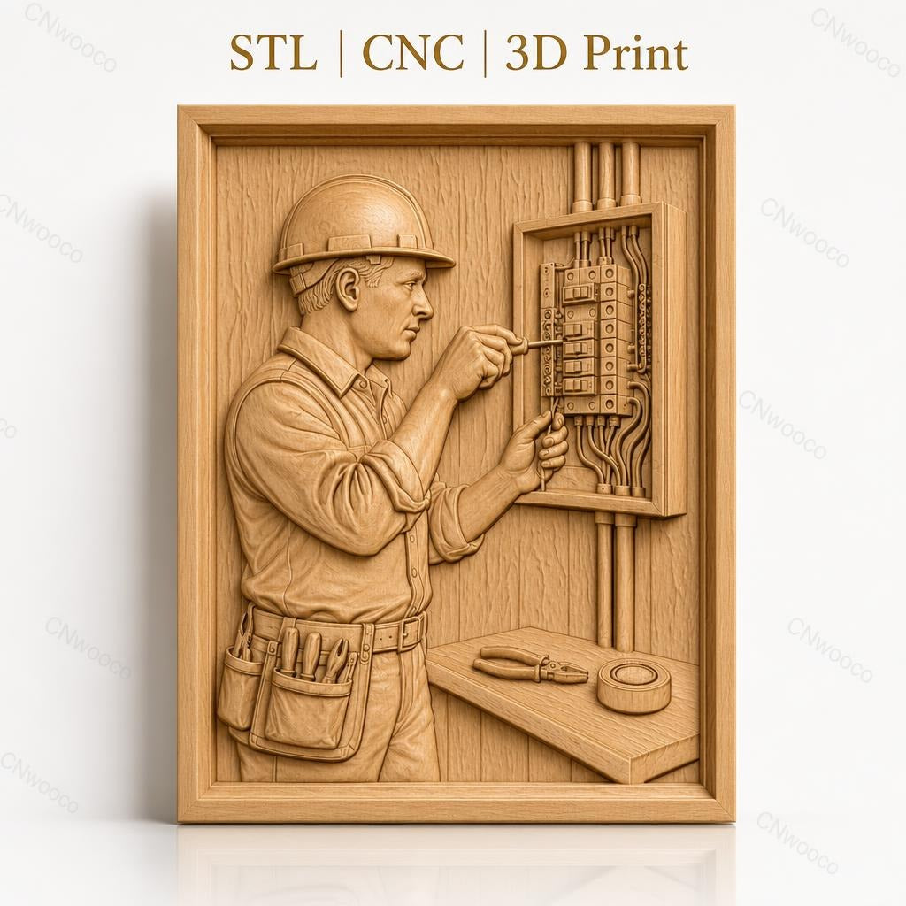 Fichier CNC & impression 3D électricien travaillant sur panneau électrique, outils de travail, haute qualité relief STL