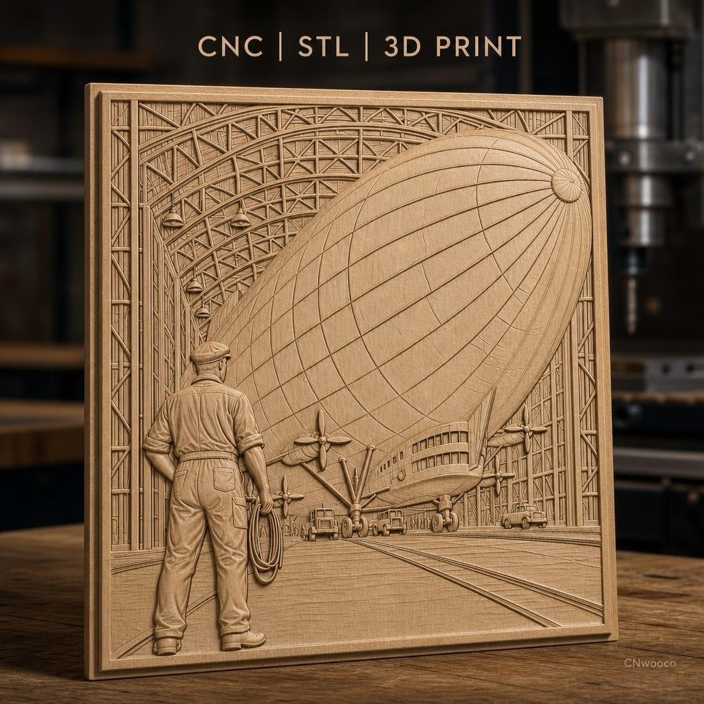 Fichier CNC & impression 3D dirigeable dans hangar avec technicien, haute qualité relief STL