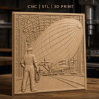 Fichier CNC & impression 3D dirigeable dans hangar avec technicien, haute qualité relief STL