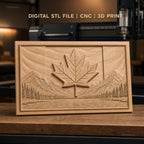 Fichier CNC & impression 3D drapeau canadien, feuille d'érable, montagnes, rivière, pins boisée, haute qualité relief STL
