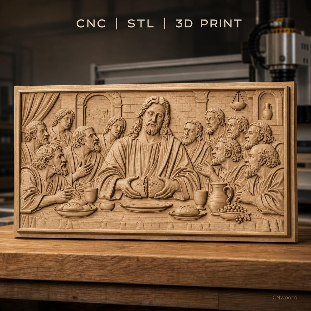 Fichier CNC & impression 3D Jésus à la Dernière Cène, apôtres et pain, haute qualité relief STL