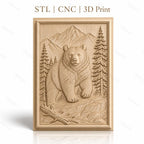 Fichier CNC & impression 3D Ours dans paysage montagneux avec arbres et rochers, haute qualité relief STL
