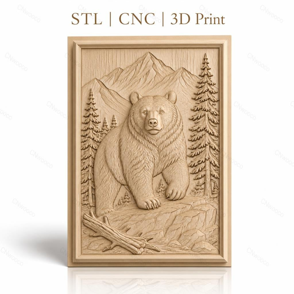 Fichier CNC & impression 3D Ours dans paysage montagneux avec arbres et rochers, haute qualité relief STL