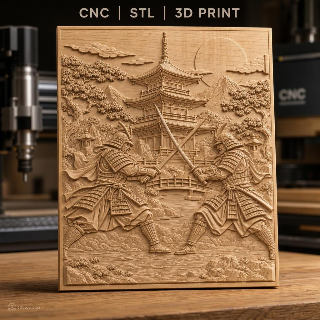 Fichier CNC & impression 3D samouraïs en duel, pagode, paysage japonais, haute qualité relief STL