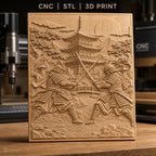 Fichier CNC & impression 3D samouraïs en duel, pagode, paysage japonais, haute qualité relief STL