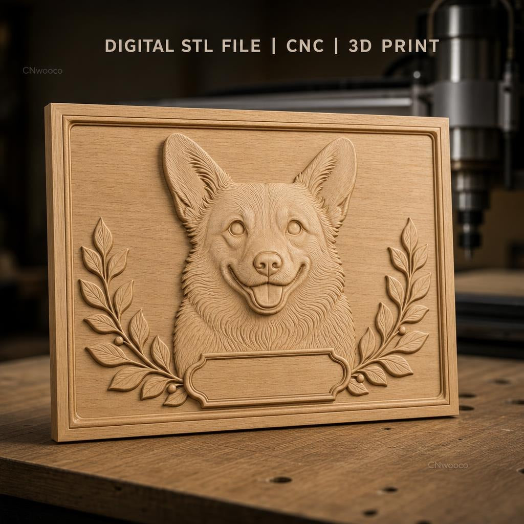 Fichier CNC & impression 3D chien Corgi visage, feuilles décoratives, haute qualité relief STL
