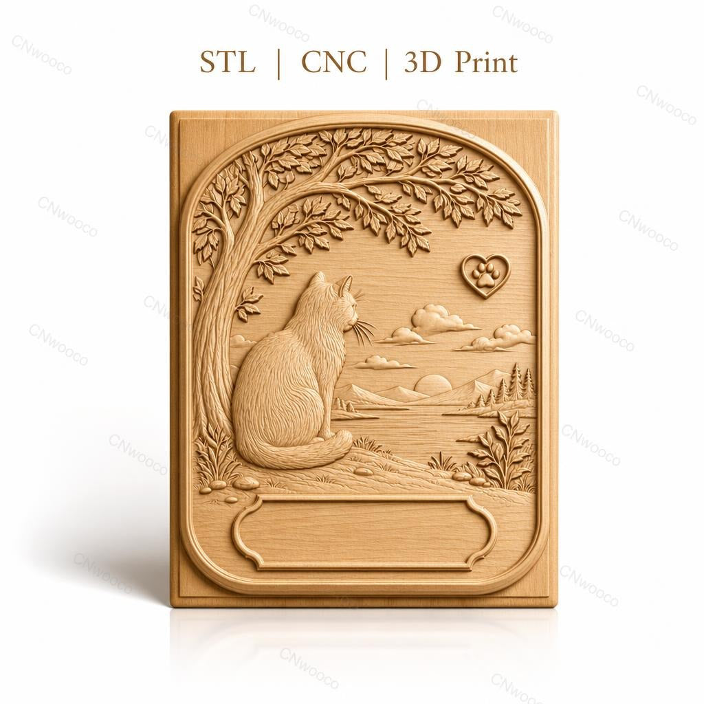 Fichier CNC & impression 3D chat contemplatif, paysage naturel, arbre et silhouette montagne, haute qualité relief STL