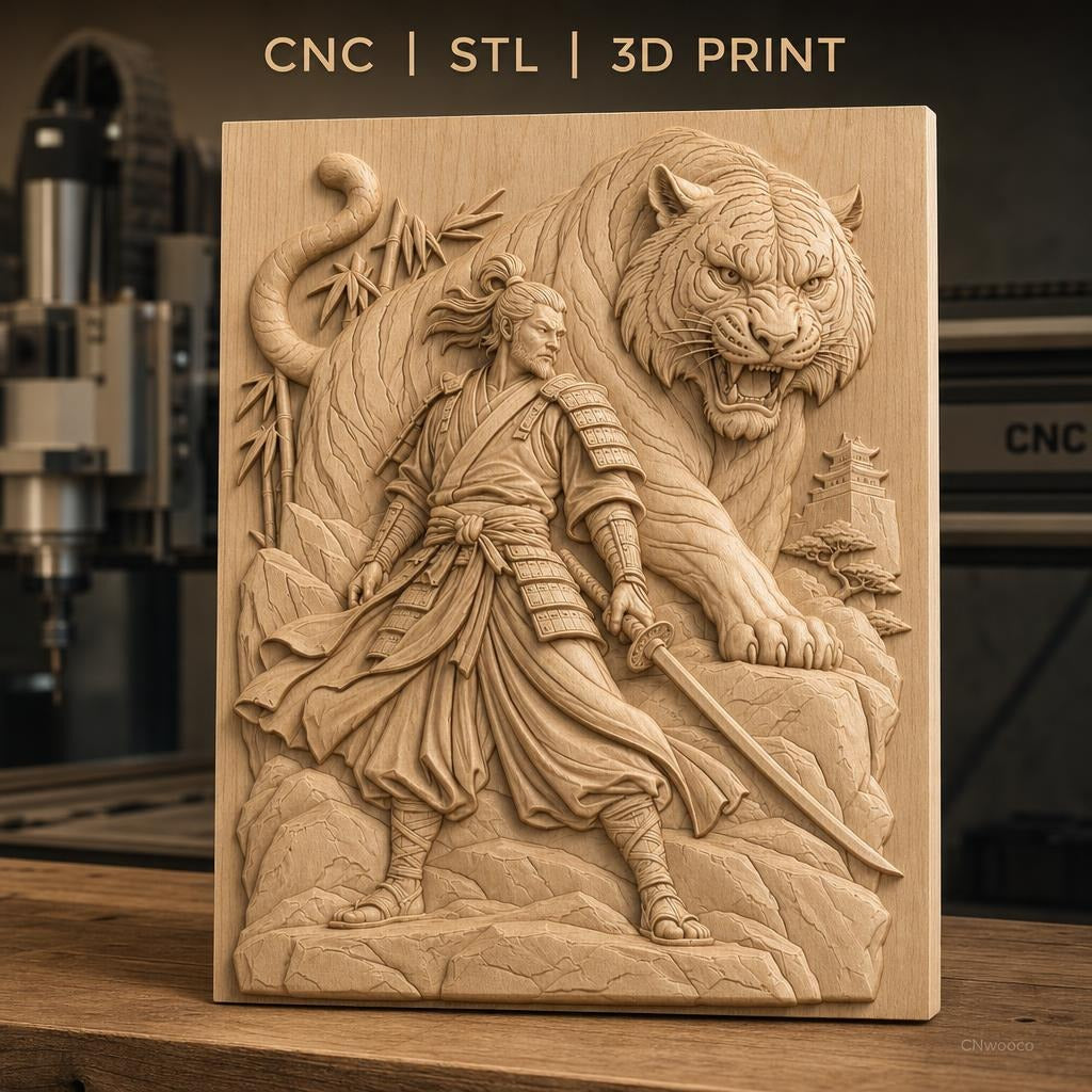 Fichier CNC & impression 3D samouraï et tigre, épée, bambou, pagode, haute qualité relief STL