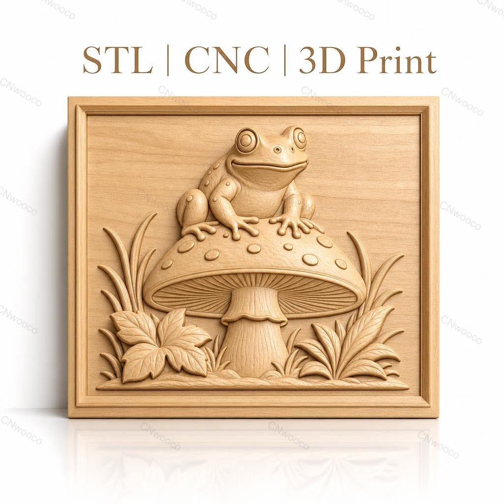 Fichier CNC & impression 3D Grenouille sur champignon, feuilles et herbes décoratives, haute qualité relief STL