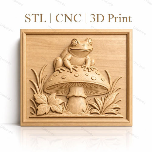 Fichier CNC & impression 3D Grenouille sur champignon, feuilles et herbes décoratives, haute qualité relief STL