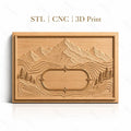 Fichier CNC & impression 3D paysage montagneux avec pins et espace texte, haute qualité relief STL