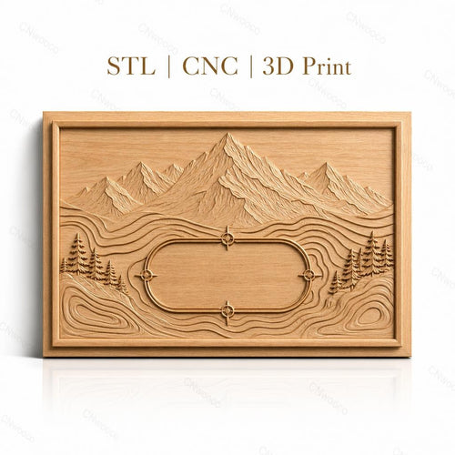 Fichier CNC & impression 3D paysage montagneux avec pins et espace texte, haute qualité relief STL