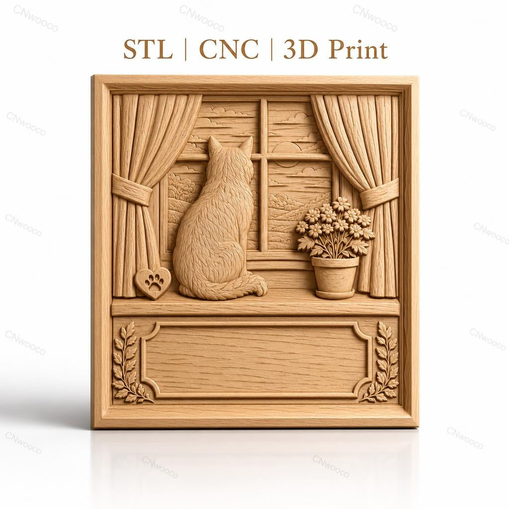 Fichier CNC & impression 3D chat sur rebord de fenêtre, fleurs en pot, paysage montagneux, haute qualité relief STL