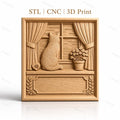 Fichier CNC & impression 3D chat sur rebord de fenêtre, fleurs en pot, paysage montagneux, haute qualité relief STL
