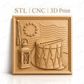 Fichier CNC & impression 3D drapeau américain révolutionnaire, tambour militaire et lanterne, haute qualité relief STL