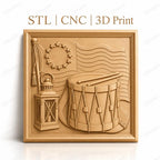 Fichier CNC & impression 3D drapeau américain révolutionnaire, tambour militaire et lanterne, haute qualité relief STL