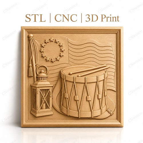 Fichier CNC & impression 3D drapeau américain révolutionnaire, tambour militaire et lanterne, haute qualité relief STL