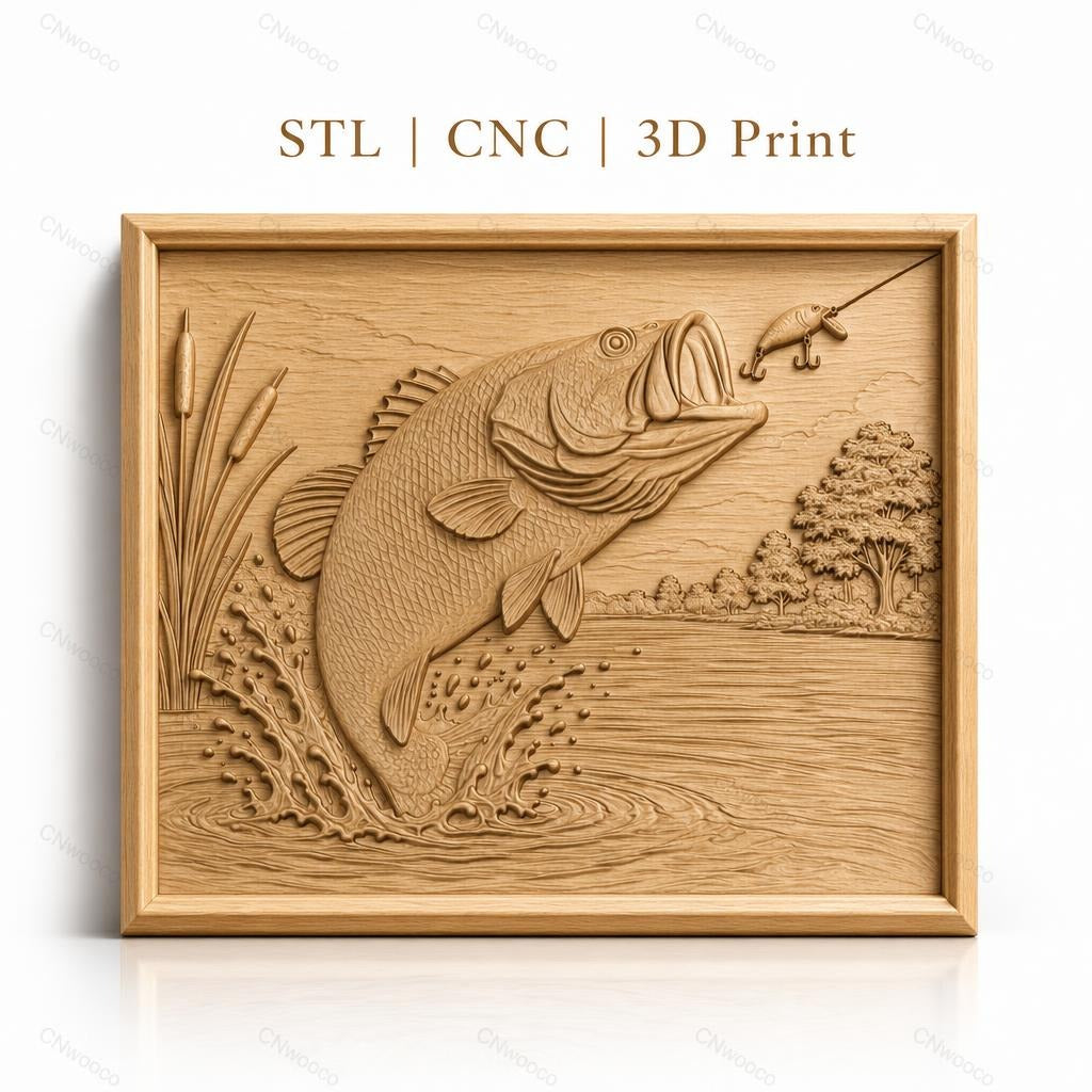 Fichier CNC & impression 3D poisson bass sautant, leurre de pêche et eau éclaboussante, haute qualité relief STL