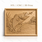 Fichier CNC & impression 3D poisson bass sautant, leurre de pêche et eau éclaboussante, haute qualité relief STL