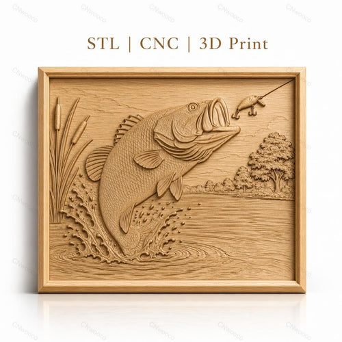 Fichier CNC & impression 3D poisson bass sautant, leurre de pêche et eau éclaboussante, haute qualité relief STL