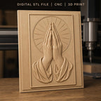 Fichier CNC & impression 3D mains en prière, halo religieux, haute qualité relief STL