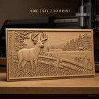 Fichier CNC & impression 3D cerf et paysage forestier, clôture en bois, haute qualité relief STL
