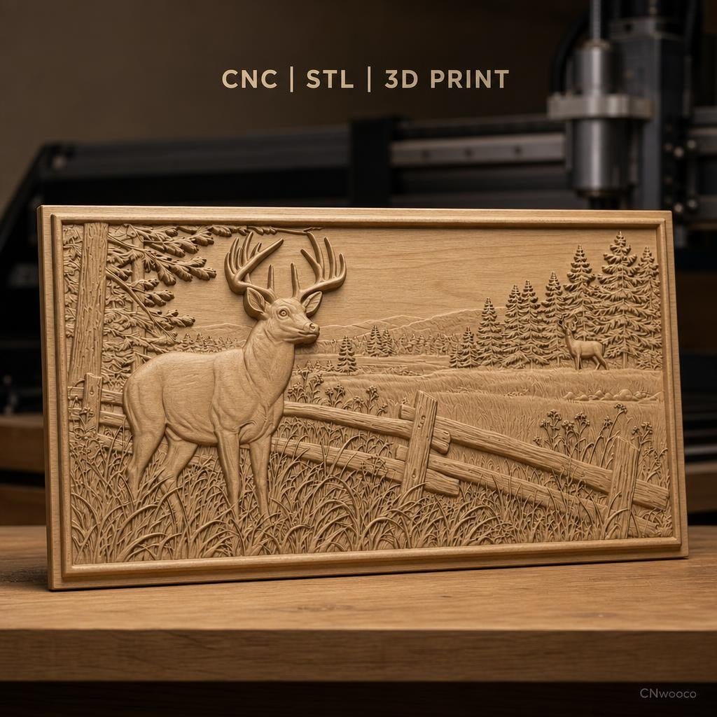 Fichier CNC & impression 3D cerf et paysage forestier, clôture en bois, haute qualité relief STL
