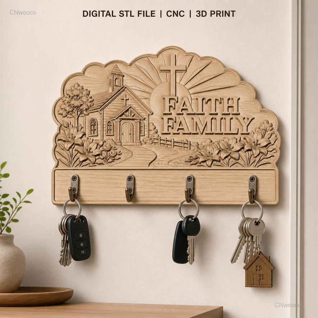 Fichier CNC porte-clés mural enseigne décorative foi famille, décor église et nature, STL très haute qualité