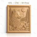 Fichier CNC & impression 3D loup sauvage, paysage nature, montagne, forêt, pleine lune, haute qualité relief STL