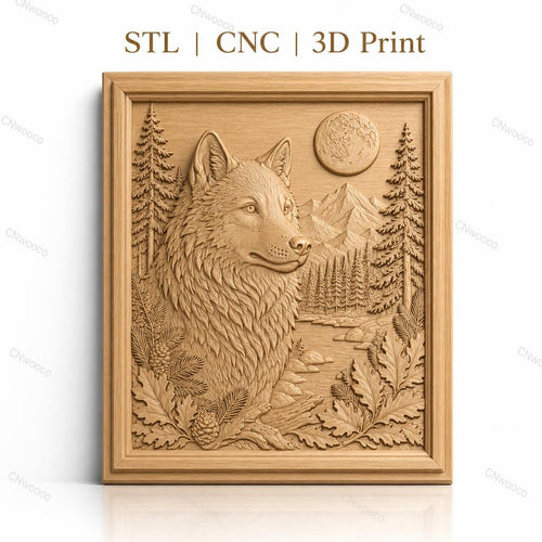 Fichier CNC & impression 3D loup sauvage, paysage nature, montagne, forêt, pleine lune, haute qualité relief STL