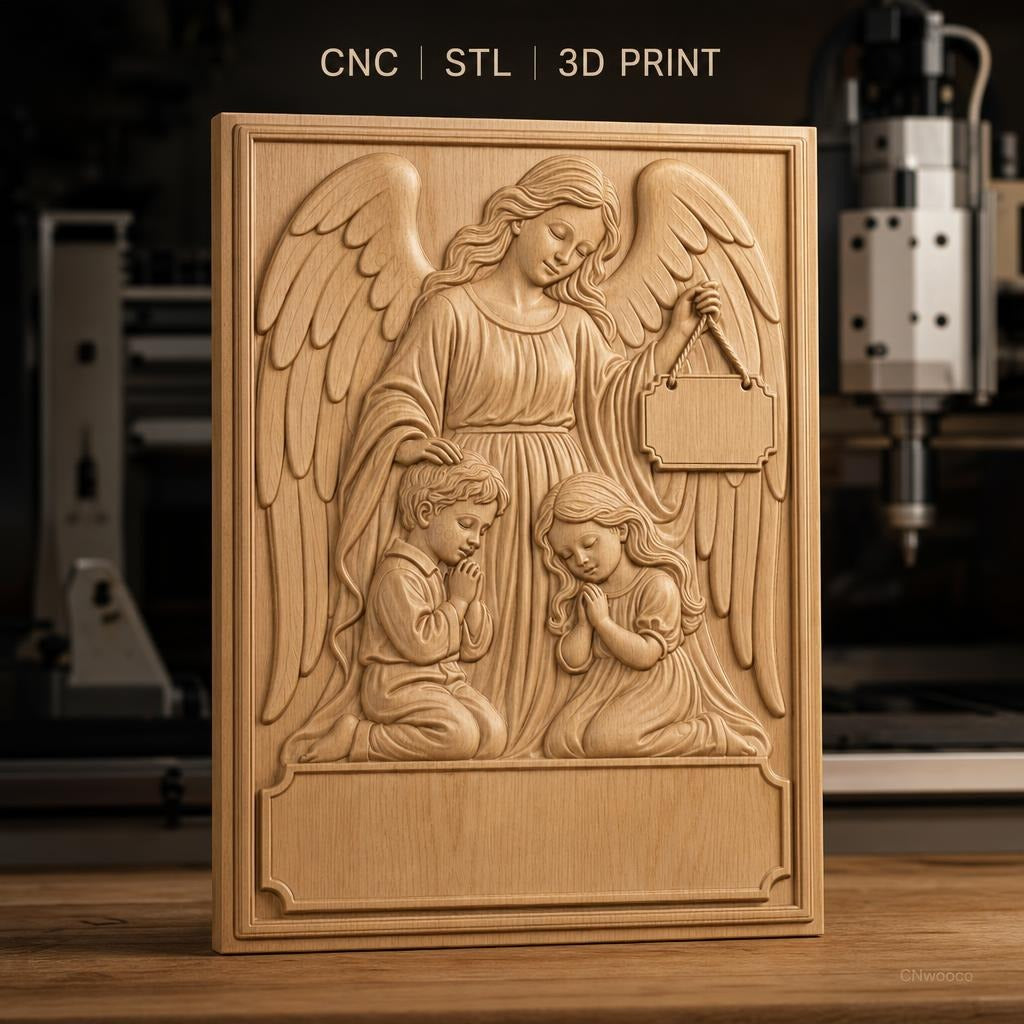 Fichier CNC & impression 3D ange gardien avec enfants priant, plaque vide, haute qualité relief STL