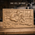 Fichier CNC & impression 3D scène de menuiserie père et fils, atelier avec outils, haute qualité relief STL