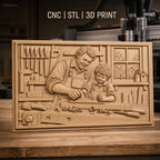 Fichier CNC & impression 3D scène de menuiserie père et fils, atelier avec outils, haute qualité relief STL