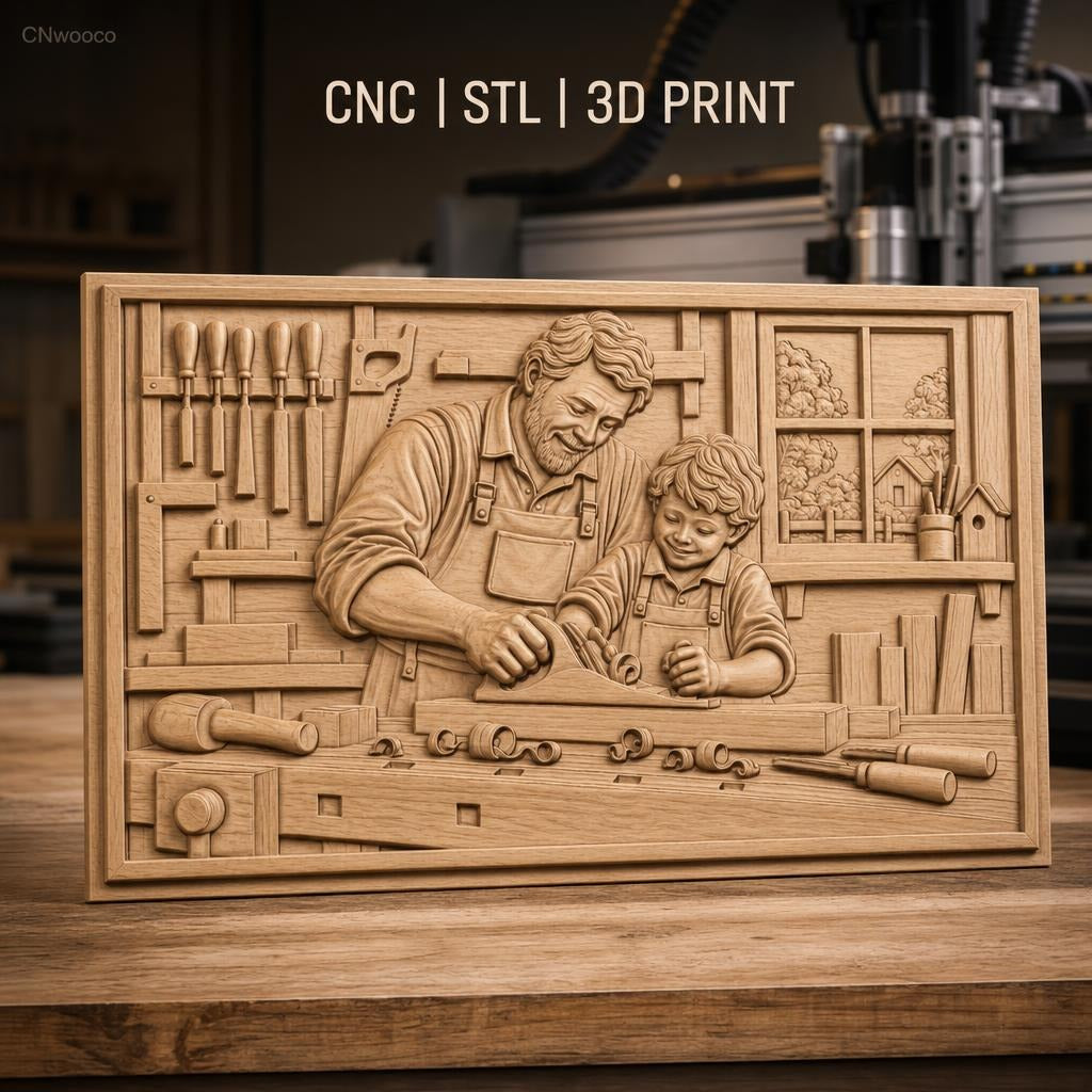 Fichier CNC & impression 3D scène de menuiserie père et fils, atelier avec outils, haute qualité relief STL
