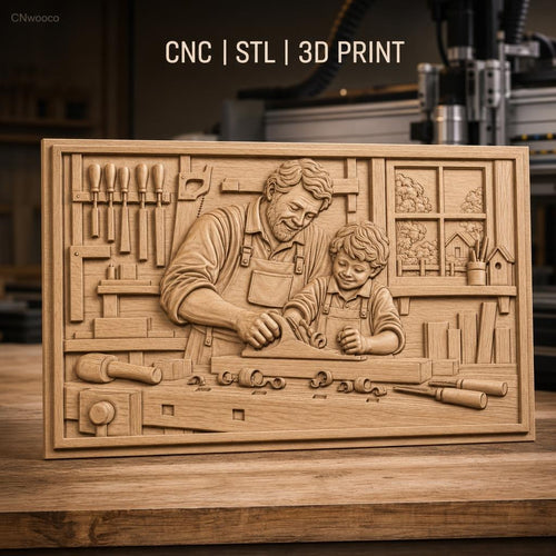 Fichier CNC & impression 3D scène de menuiserie père et fils, atelier avec outils, haute qualité relief STL