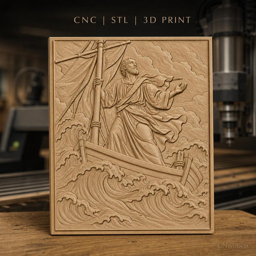 Fichier CNC & impression 3D Jésus marchant sur l'eau, bateau et vagues détaillés, haute qualité relief STL