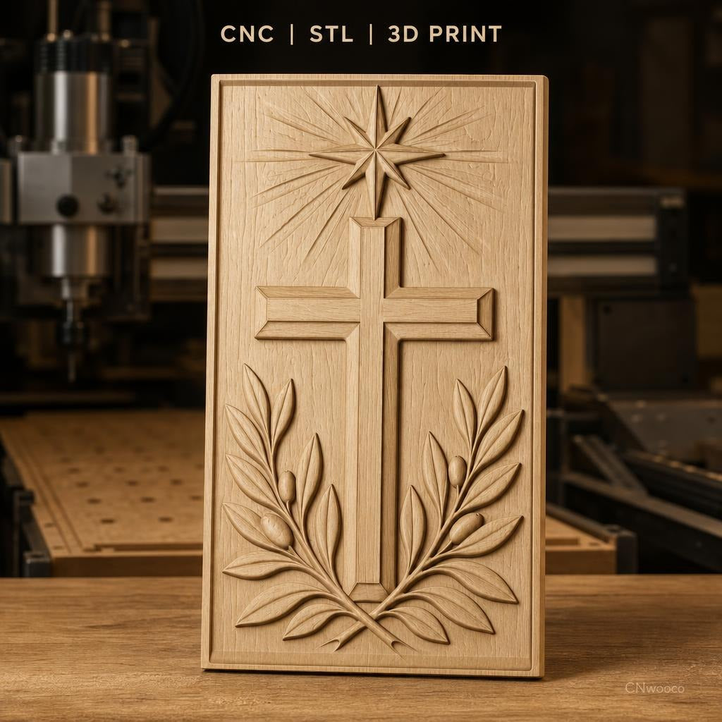 Fichier CNC & impression 3D Croix chrétienne, étoile et branches d'olivier, haute qualité relief STL