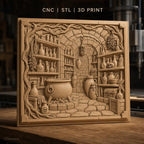 Fichier CNC & impression 3D laboratoire d'alchimie, chaudron, flacons, crâne, coffre, haute qualité relief STL