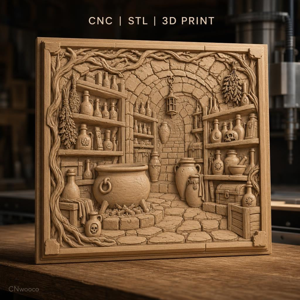 Fichier CNC & impression 3D laboratoire d'alchimie, chaudron, flacons, crâne, coffre, haute qualité relief STL